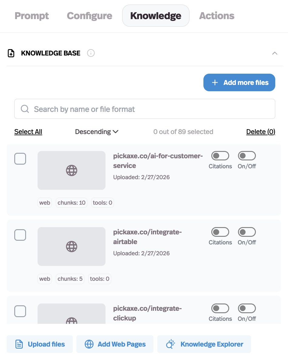 Pickaxe Knowledge Base tab showing uploaded files for client onboarding agent